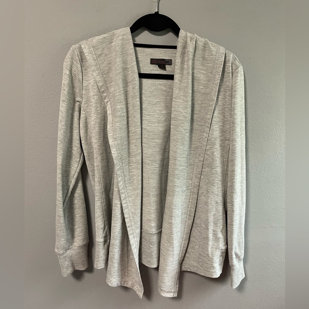 JWS Collection open front cardigan jacket with hoodie in gray. Size Small.